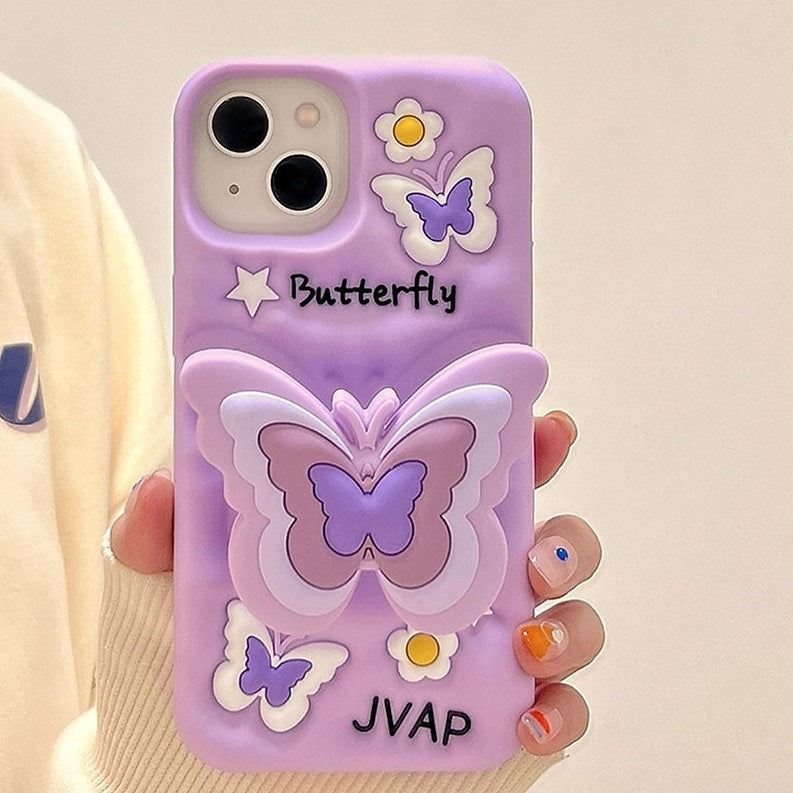 3D Cartoon Butterfly Flower Lavender Phone Case with Holder